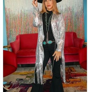 SMALL Dazzling Silver Sequin Fringe Midi Tinsel Duster Kimono Open Front Jacket